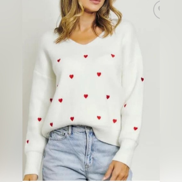 Pink Lily Sweaters - Pink Lily Cream V-Neck Embroidered Heart Fuzzy Soft Long Sleeve Sweater Size 2XL